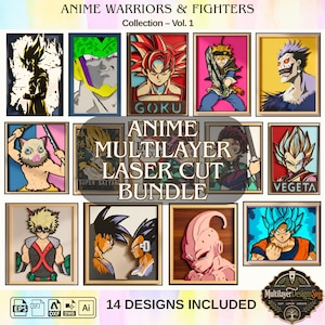 May include: A digital collection of 14 multilayer laser cut designs featuring anime characters. The bundle includes portraits of Goku, Vegeta, and other fighters. Text includes ANIME WARRIORS & FIGHTERS, Collection – Vol. 1, and ANIME MULTILAYER LASER CUT BUNDLE.
