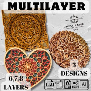 3  Conjunto de Mandala 3D SVG multicapa, Archivo de corte láser, Archivos láser de mandala multicapa, Archivo vectorial de arte de pared svg