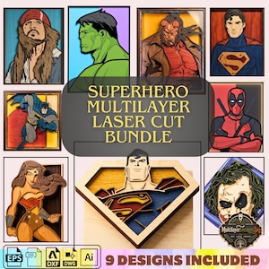 Puede incluir: Una colección de nueve diseños de arte en madera cortados con láser multicapa que presentan personajes de cómics, incluidos Superman, Batman, Wonder Woman, Hulk, Hellboy, Deadpool y Joker. El texto central dice SUPERHERO MULTILAYER LASER CUT BUNDLE.