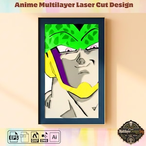 Puede incluir: Un diseño multicapa cortado con láser que presenta el retrato de un personaje de anime estilizado con una cabeza con manchas verdes, detalles en morado y una pieza amarilla en la barbilla. La obra está enmarcada en un borde azul oscuro, mostrando el texto Anime Multilayer Laser Cut Design en la parte superior y varios iconos de formato de archivo, incluyendo EPS, SVG, DXF, DWG y Ai en la parte inferior.
