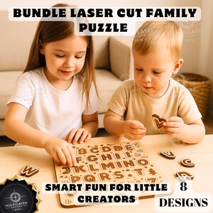 Puede incluir: Un rompecabezas familiar de madera cortado con láser con el alfabeto, números y formas. Dos niños están armando el rompecabezas. El texto en la imagen dice "BUNDLE LASER CUT FAMILY PUZZLE" y "SMART FUN FOR LITTLE CREATORS".