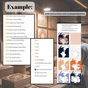 May include: A display of laser-cut wooden art pieces, with a focus on anime-themed designs. The image includes a list of available SVG files, such as "Goku" and "Vegeta", along with instructions and recommendations for assembly.
