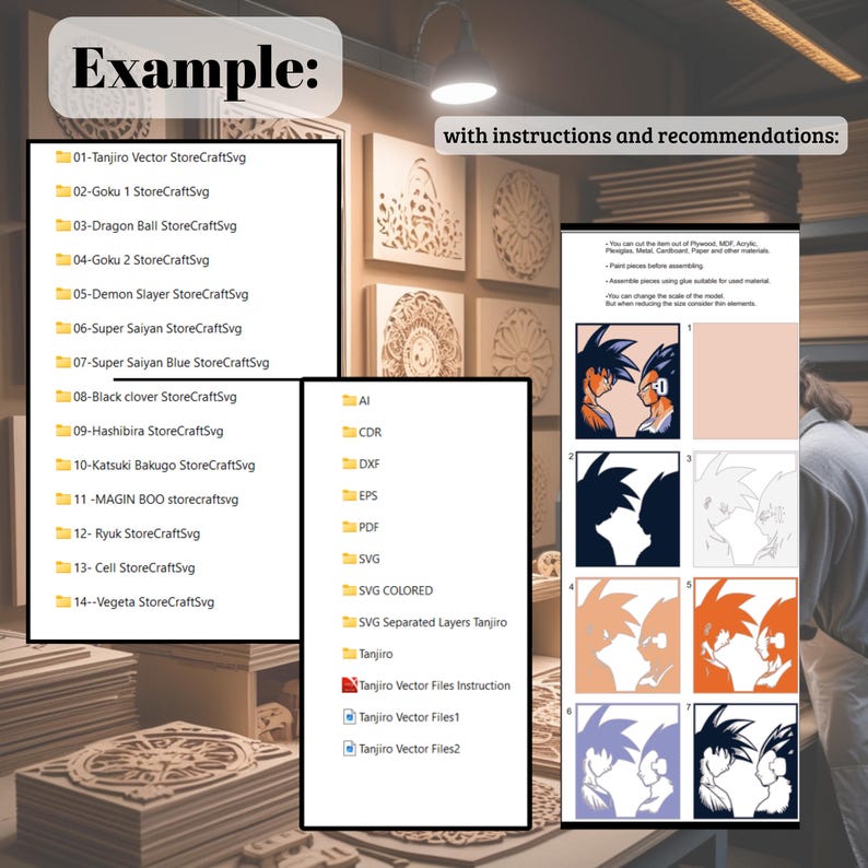 May include: A display of laser-cut wooden art pieces, with a focus on anime-themed designs. The image includes a list of available SVG files, such as "Goku" and "Vegeta", along with instructions and recommendations for assembly.