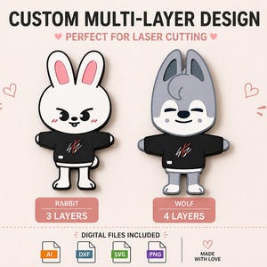 Op de afbeelding: Digitaal ontwerp met een wit konijn en een grijze wolf, beide in zwarte shirts. De tekst luidt "CUSTOM MULTI-LAYER DESIGN" en "DIGITAL FILES INCLUDED". Het konijnontwerp heeft 3 lagen, het wolfontwerp heeft 4 lagen. Digitale bestanden inbegrepen.
