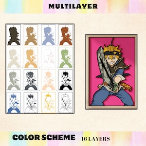 May include: A framed artwork featuring a character with a large sword, set against a pink background. The image is accompanied by a color scheme chart with 16 layers and the word MULTILAYER.