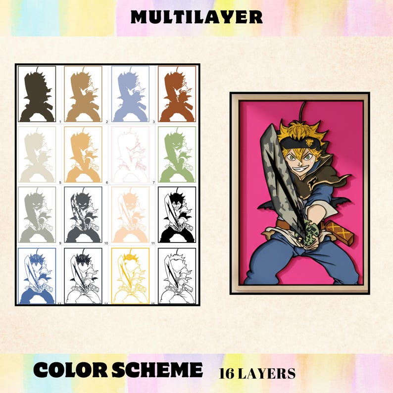 May include: A framed artwork featuring a character with a large sword, set against a pink background. The image is accompanied by a color scheme chart with 16 layers and the word MULTILAYER.