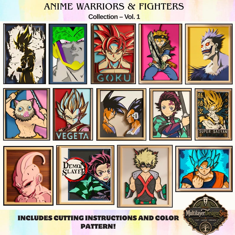 May include: A collection of framed anime character art prints. The prints feature various anime warriors and fighters, including Goku, Vegeta, and characters from Demon Slayer. The collection is labeled "Anime Warriors & Fighters Collection - Vol. 1". The image also includes cutting instructions and color patterns.