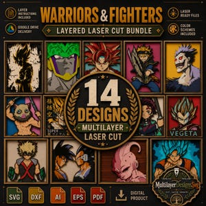 Fantasy warrior layered SVG bundle with 14 laser cut designs, multilayer wall art previews, digital file formats SVG DXF AI EPS PDF, made for laser cutting machines and creative makers.