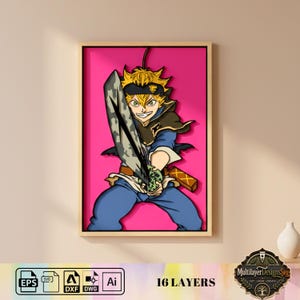 May include: A framed, multi-layered artwork featuring a character from the anime series Black Clover. The character, with spiky blonde hair and a determined expression, holds a large sword against a vibrant pink background. The artwork is in a wooden frame.