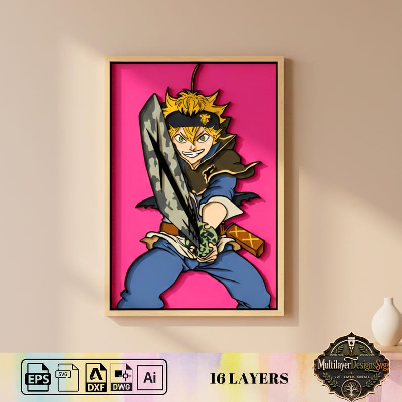May include: A framed, multi-layered artwork featuring a character from the anime series Black Clover. The character, with spiky blonde hair and a determined expression, holds a large sword against a vibrant pink background. The artwork is in a wooden frame.