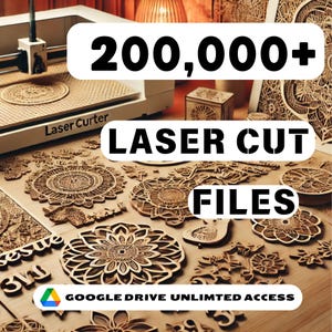 Op de afbeelding: Een lasersnijder met een houten oppervlak bedekt met ingewikkelde lasersnijpatronen. De tekst "200.000+ LASERSNIJ BESTANDEN" wordt weergegeven in grote zwarte letters. De tekst "ONBEPERKTE TOEGANG TOT GOOGLE DRIVE" wordt weergegeven in witte letters op een blauw-wit Google Drive-logo.