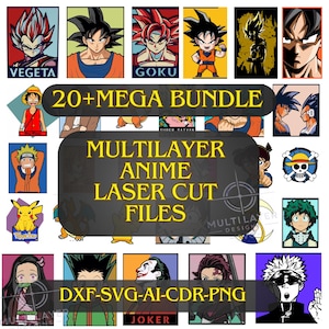 Pacchetto di oltre 20 SVG anime | Lime tagliate al laser multistrato | File per il taglio laser dei manga | File png DXF AI | Disegni anime digitali per Cricut, Glowforge CNC