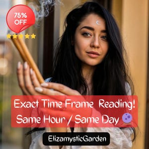 Puede incluir: Una mujer con cabello largo y negro y una luna creciente en la frente sostiene dos varillas de incienso. La imagen incluye el texto "Exact Time Frame Reading! Same Hour / Same Day" y "ElizamysticGarden."