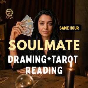 May include: A person with dark hair holds a fan of tarot cards. Text on the image reads: BEST, SAME HOUR, SOULMATE DRAWING+TAROT READING. A crystal ball and a black candle sit on a wooden table. The scene is dimly lit with warm ambient lighting.