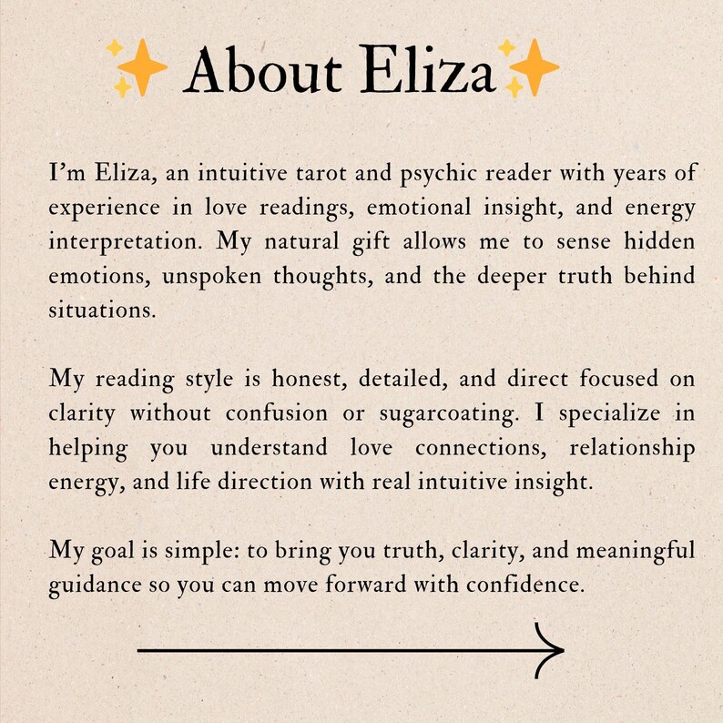May include: A beige informational card titled About Eliza with two yellow star icons. The text describes an intuitive tarot and psychic reader specializing in love readings, emotional insight, and energy interpretation, ending with a black arrow.