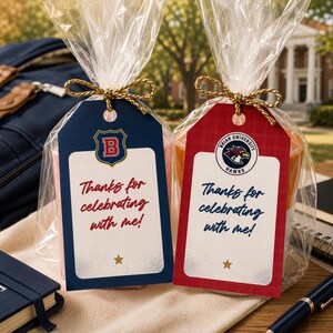 May include: Two rectangular gift tags in clear plastic bags with gold string ties. One tag is navy blue with a red letter B and red text reading Thanks for celebrating with me. The other is red with a Briar University Hawks logo and blue text.