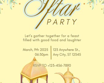 Op de afbeelding: Een gele uitnodiging met bloemaccenten en de woorden "Iftar PARTY". De uitnodiging bevat details voor een evenement op 9 maart 2025, met tijd en locatie, en een verzoek om RSVP.