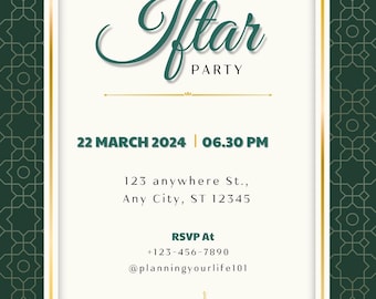 Op de afbeelding: Een uitnodiging voor een Iftar-feest met een groen en gouden ontwerp. De uitnodiging toont een silhouet van een moskee, hangende lantaarns en de tekst "PLEASE JOIN US FOR Iftar PARTY 22 MARCH 2024 | 06.30 PM 123 anywhere St., Any City, ST 12345 RSVP At +123-456-7890 @planningyourlife101".