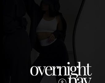 May include: A black and white image with a person wearing a black hoodie and black pants. The text "overnight pay method" is written in pink with a dollar sign symbol.