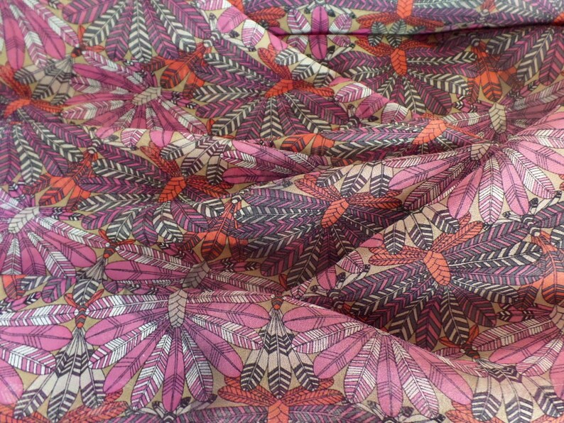 Liberty of London Silk Chiffon Dakota Feathers Print Red 02089168A A Colorway