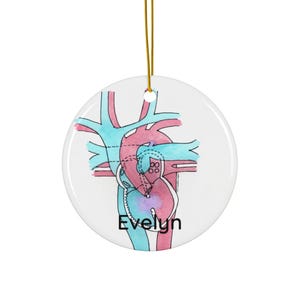 May include: A round, white ceramic ornament with a watercolor illustration of a heart and blood vessels in shades of red and blue. The name "Evelyn" is printed in black. A gold string is attached for hanging.