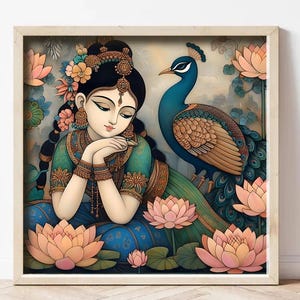 Indian woman Art, Indian Art, Indian Traditional Wall Art, Folk Indian Art, girl with flower, Indian Poster, Floral Art Print, Lotus print