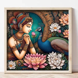Indian woman Art, Indian Art, Indian Traditional Wall Art, Folk Indian Art, girl with flower, Indian Poster, Floral Art Print, Lotus print