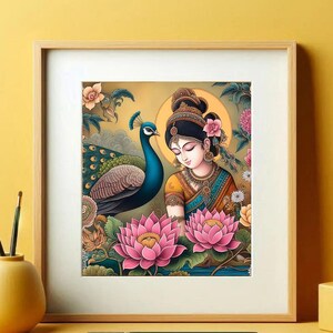 Indian woman Art, Indian Art, Indian Traditional Wall Art, Folk Indian Art, girl with flower, Indian Poster, Floral Art Print, Lotus print