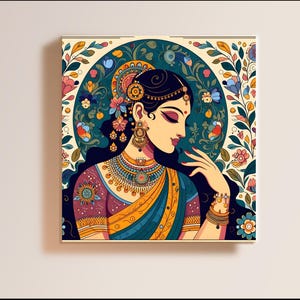 Indian woman Art, Indian Art, Indian Traditional Wall Art, Folk Indian Art, girl with flower Art Set, Indian Living Room Gift, Indian Poster