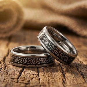 Anillo de tungsteno con nudo celta hecho a mano, ajuste cómodo, 6 mm y 8 mm