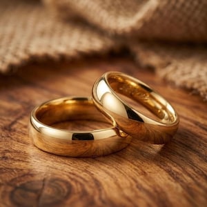 Puede incluir: Dos anillos de boda dorados se muestran sobre una superficie de madera. Los anillos están muy pulidos, reflejando la luz. Las bandas son simples y clásicas, lo que sugiere un diseño atemporal. El fondo incluye una tela marrón texturizada.