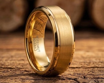 Gold Brushed Tungsten Wedding Band, Comfort Fit Ring, Mens Wedding Ring, 6mm 8mm Tungsten Carbide Band, Anniversary Gift