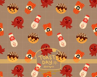 Takoyaki Kawaii Japanisch Muster | Handgezeichnete 300 DPI PNG Downloader für Digital Fabric Surface Design Wallpaper Cute Snacks Oktopus