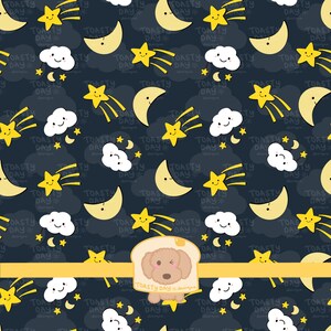 Patrón sin costuras de cielo nocturno / Estrellas, luna y nubes kawaii de 300 ppp / Descarga digital para tela, scrapbooking, sublimación y diario