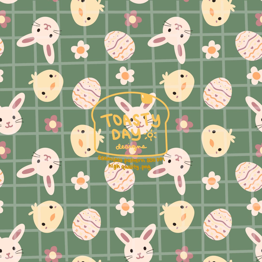 Easter Egg Cute Bunny Duckling Green Seamless Pattern | Hand Drawn 300 ...