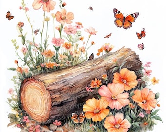 14 Flowers on Log Clipart, Watercolor Clipart, Floral clipart, Printable clipart, Easter Clipart, Spring Clipart, Paper Craft, Junk Journal