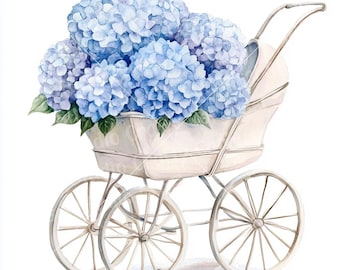 18 Baby Carriage Clipart, Watercolor Clipart, Baby Shower clipart, Printable clipart, Hydrangea Baby Shower Clipart , Baby in Bloom Clipart
