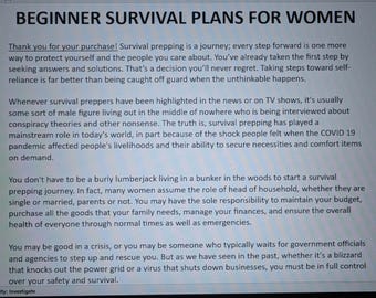 May include: Text on a white background reads "BEGINNER SURVIVAL PLANS FOR WOMEN." The text discusses survival prepping, emphasizing self-reliance and preparedness for various emergencies, including natural disasters and pandemics.