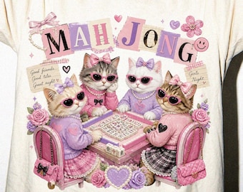 Design di gatti Mahjong, PNG di Mahjong carini, SVG di Mahjong per serate tra ragazze, maglietta rosa con gatto, maglietta per amanti del Mahjong