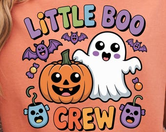 Little Boo Crew Design, Cute Ghost PNG, Pumpkin Bat SVG, Spooky Kids Top, Trick or Treat T-Shirt