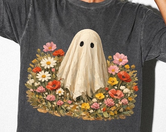 Design di un fantasma di papavero, prato di margherite PNG, file SVG di un fiore spettrale, top con fiori dipinti, maglietta con spirito autunnale