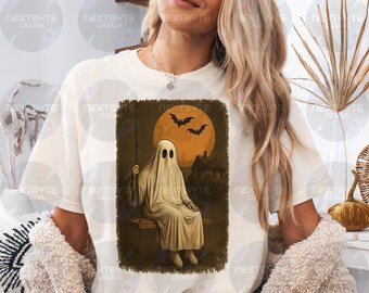 Vintage Halloween Ghost Swing PNG, Spooky Haunted House Clipart Digital Download, Spooky Retro Haunted House Art Print with Bats