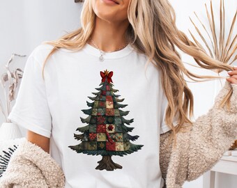 Árbol de Navidad de patchwork (Png), árbol navideño acolchado (Png), lazo navideño vintage (Png), decoración navideña rústica vintage, Navidad (Png)