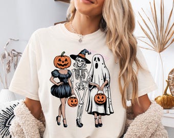 Retro Halloween PNG Clipart: Skeleton Witch & Ghost Trio (Digital Download