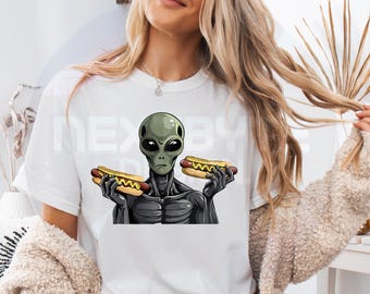Ilustración extraterrestre con comida extraterrestre (PNG) para descargar en camisetas y calcomanías.