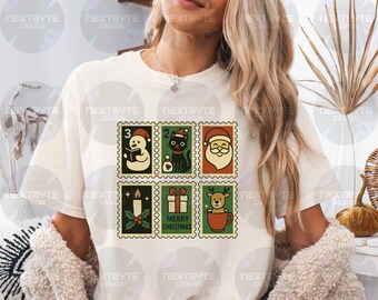 Conjunto de sellos navideños vintage PNG, descarga digital de imágenes prediseñadas navideñas retro, descarga digital de sellos navideños vintage