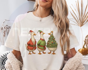 Ganso navideño vintage PNG, camiseta navideña PNG, diseño de sublimación de camiseta navideña, descarga digital de divertidos patos navideños, ganso gracioso
