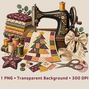 Patchwork julsömnad PNG, quiltmaskin med tygträd, tråd och hantverksskjortdesign