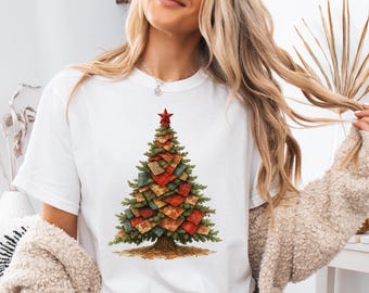 Árbol de Navidad de patchwork (PNG), Árbol de Navidad rústico navideño (PNG), Camiseta navideña vintage acogedora sublimada, Árbol de Navidad retro (PNG)