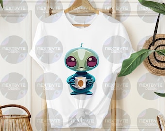 Lindo extraterrestre con café, adorable criatura espacial PNG, divertida descarga digital del espacio exterior para manualidades y merchandising, descarga digital, PNG